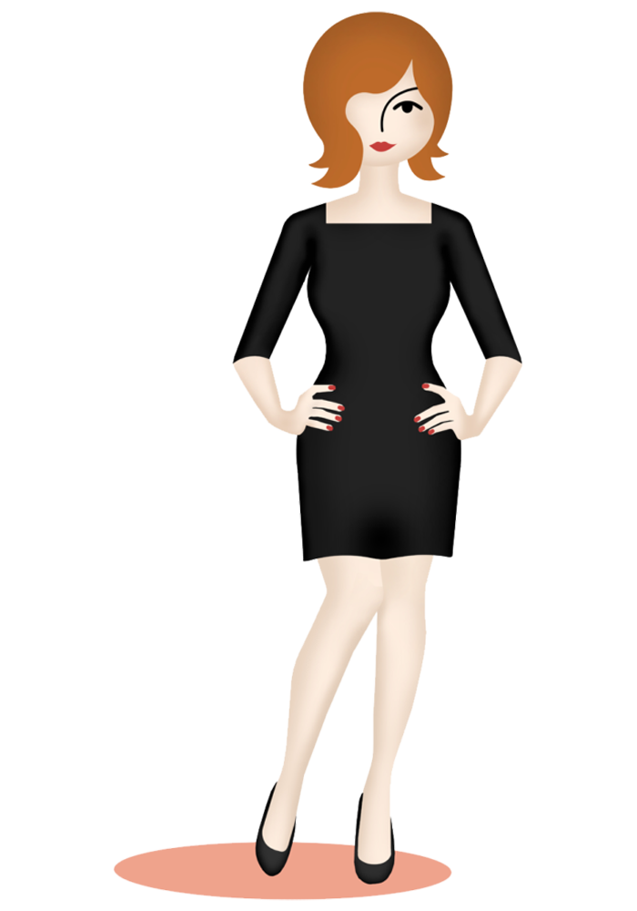 a cartoon woman in a black dress
